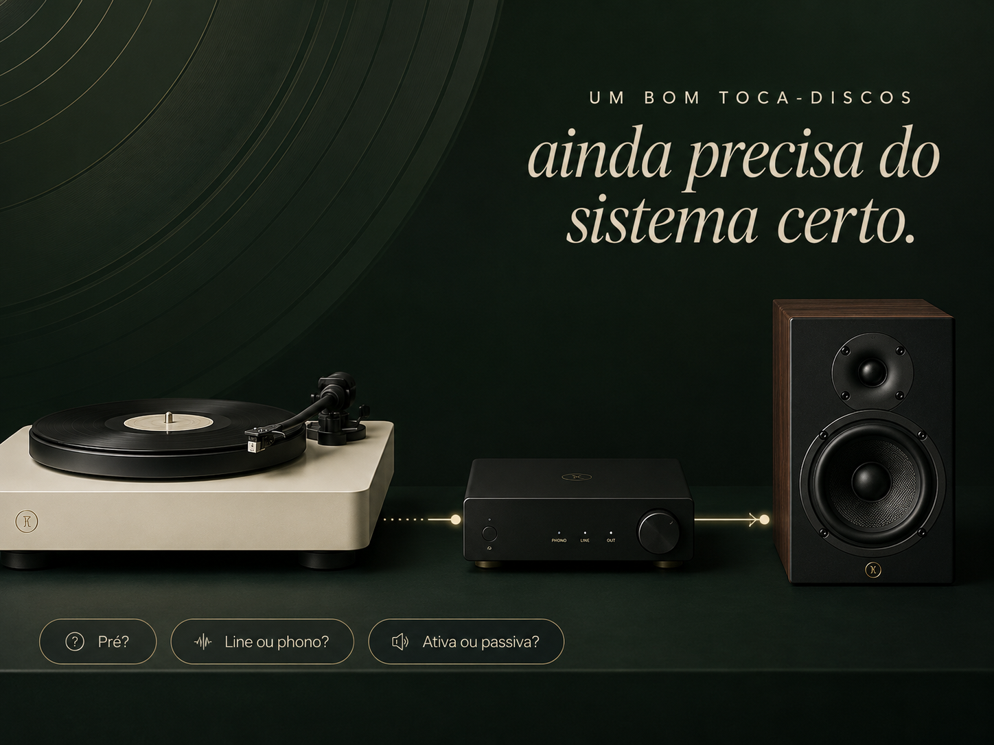 Toca-discos, amplificação e caixa conectados com a frase: um bom toca-discos ainda precisa do sistema certo